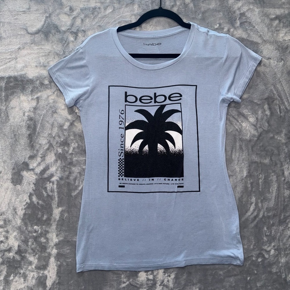 Bebe Graphic T-Shirt Women's Size S Light Blue Short Sleeve Palm Tree Summer Y2K